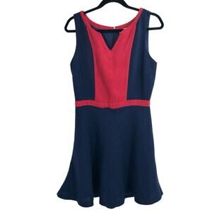 Red Blue Fit and Flare Sleeveless Dress Split Neck Textured Fabric Lined Size M
